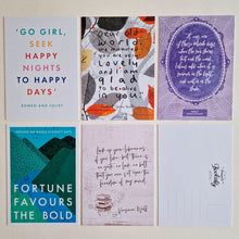 Cargar imagen en el visor de la galería, Conjunto de 12 postales con citas de libros clásicos